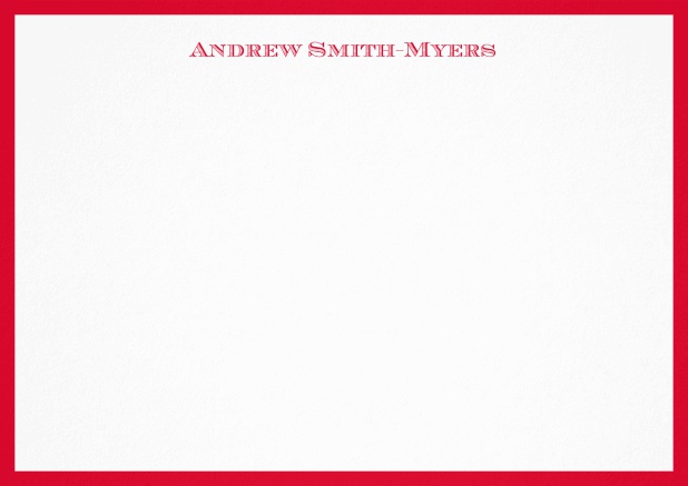 White correspondence card with blue frame and name at top. Red.