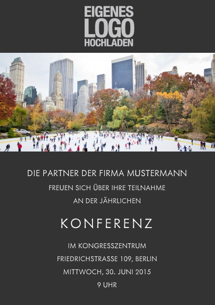 Online Kartenvorlage für Firmeneventeinladungen mit Foto und Textoption. Schwarz.