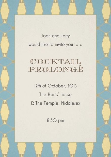 Cocktail invitation card with art nouveau gold and blue frame and editable text.