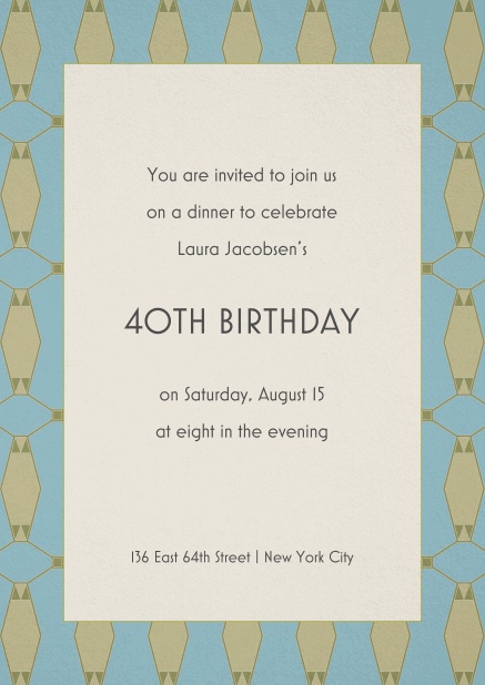Invitation for 40th birthday with patterned frame and text in the middle.