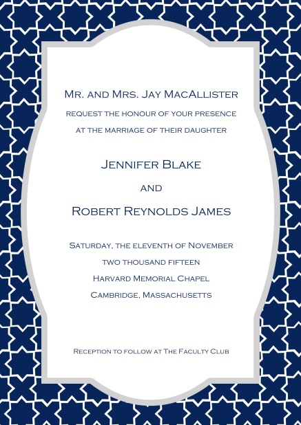 Online invitation with blue pattern and text fied in the middle.