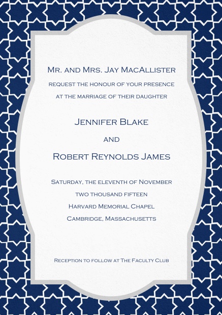 Invitation with blue pattern and text fied in the middle.
