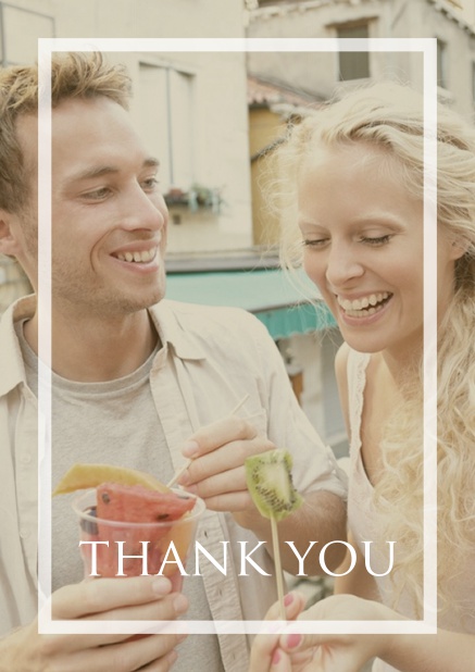 Online Thank you card with transparent frame and text over a uploadable photo.