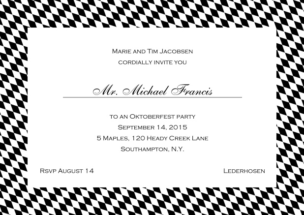 Classic online invitation card with blue-white frame, editable text and line for personal addressing. Black.