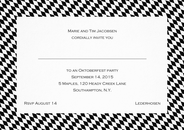 Classic invitation card with blue-white frame, editable text and line for personal addressing. Black.