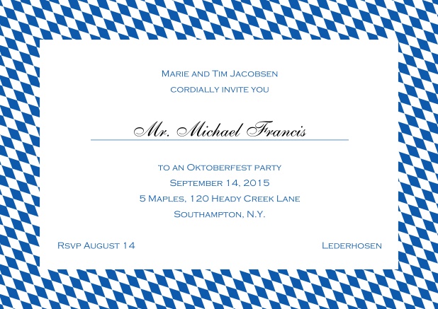 Classic online invitation card with blue-white frame, editable text and line for personal addressing. Blue.