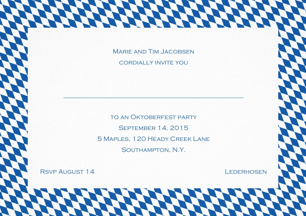 Classic invitation card with blue-white frame, editable text and line for personal addressing. Blue.