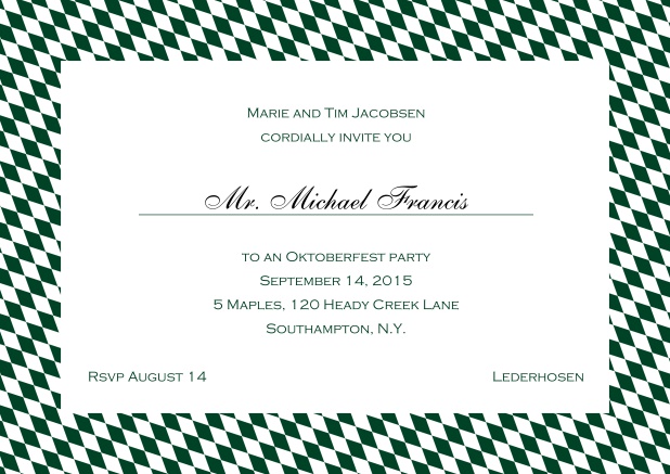 Classic online invitation card with blue-white frame, editable text and line for personal addressing. Green.