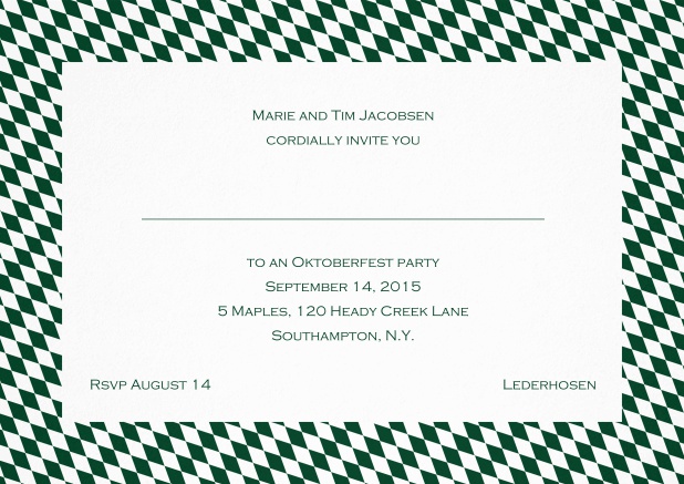 Classic invitation card with blue-white frame, editable text and line for personal addressing. Green.