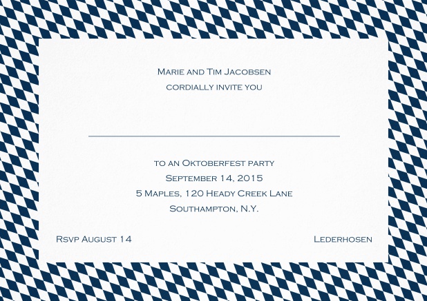 Classic invitation card with blue-white frame, editable text and line for personal addressing. Navy.