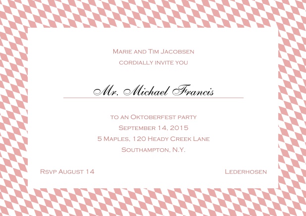 Classic online invitation card with blue-white frame, editable text and line for personal addressing. Pink.