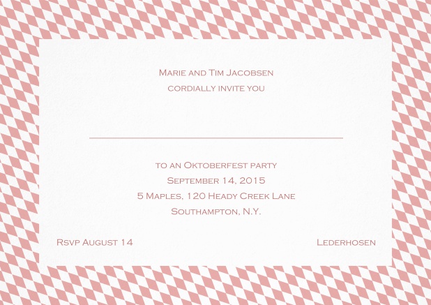 Classic invitation card with blue-white frame, editable text and line for personal addressing. Pink.