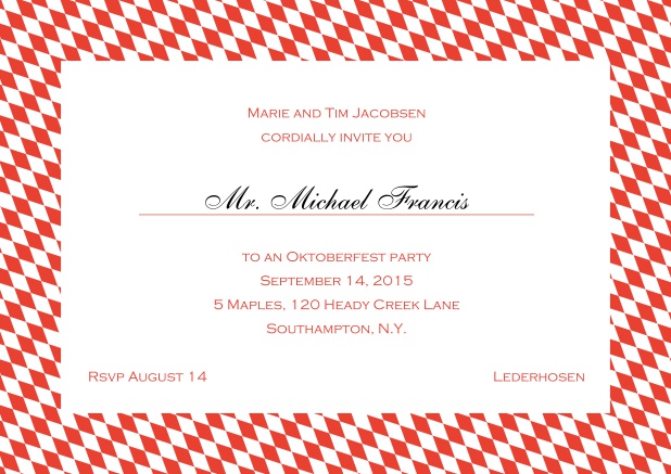 Classic online invitation card with blue-white frame, editable text and line for personal addressing. Red.