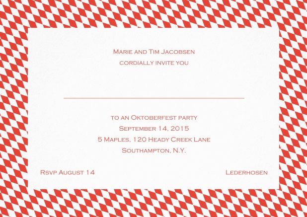 Classic invitation card with blue-white frame, editable text and line for personal addressing. Red.