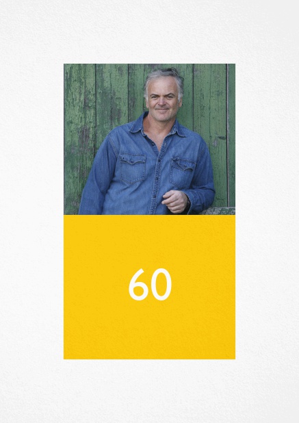 60th birthday photo invitation with a wide border and an editable number. Yellow.