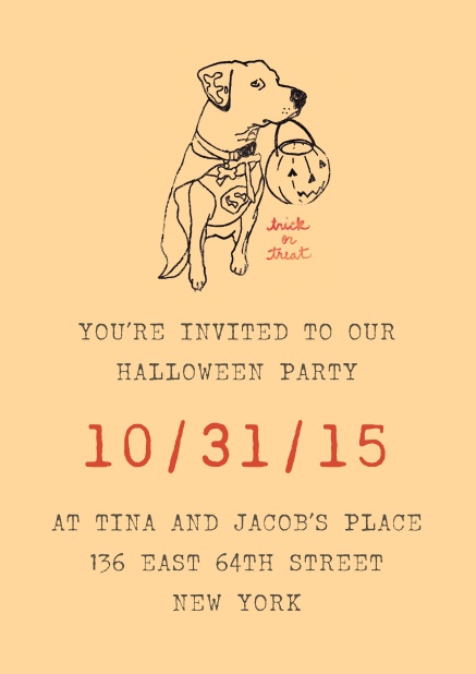 Beige online Halloween invitation with a dog holding a pumpkin.