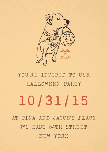Beige Halloween invitation with a dog holding a pumpkin.