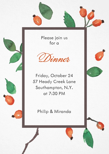 Dream of rosehips Fall invitation card design with rose hip.