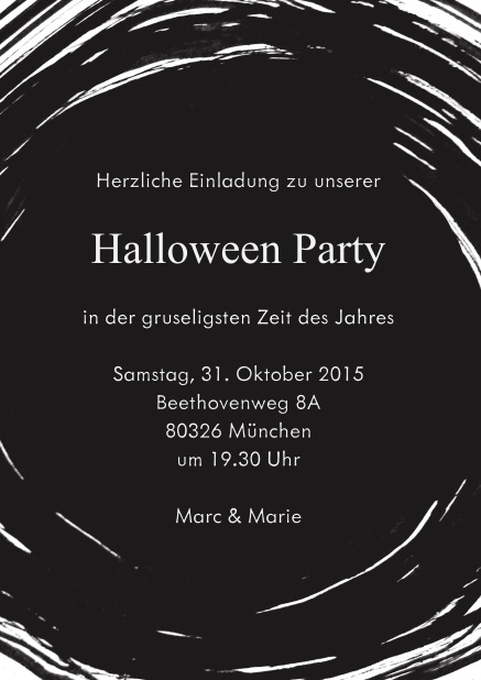 Online Einladungskarte zu einer Halloweenparty in schwarz.