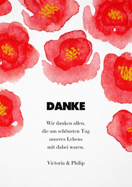 Dankeskarte für roten Blumen und editierbarem Text.