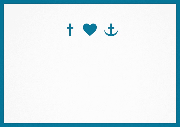 Einladungskarte zur Konfirmation, Erstkommunion oder Taufe mit Rahmen und christlichen Symbolen in Farbvariationen. Blau.