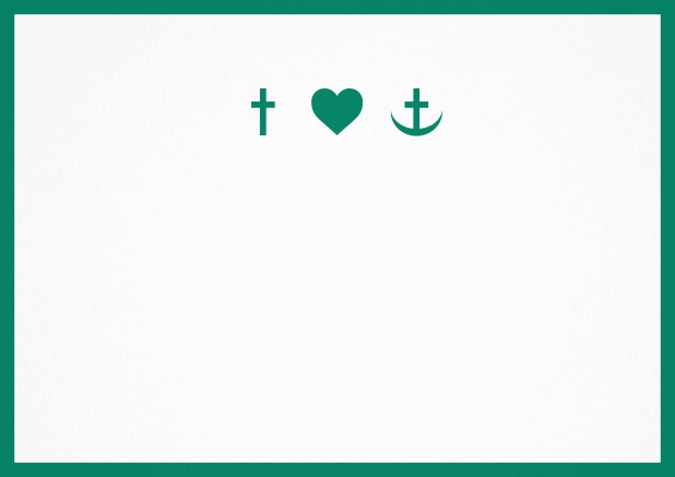 Einladungskarte zur Konfirmation, Erstkommunion oder Taufe mit Rahmen und christlichen Symbolen in Farbvariationen. Grün.