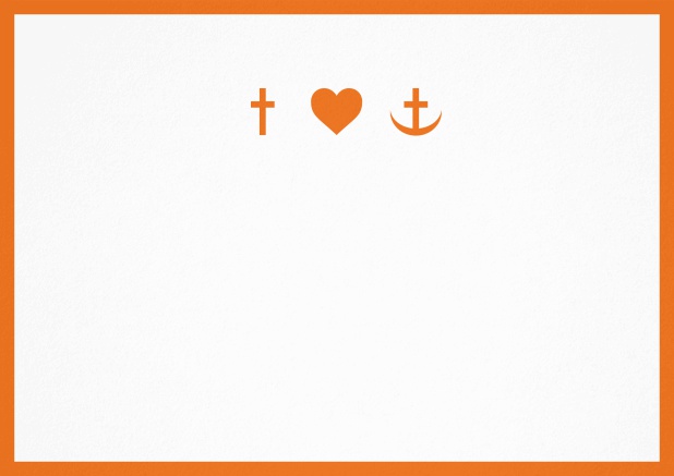 Einladungskarte zur Konfirmation, Erstkommunion oder Taufe mit Rahmen und christlichen Symbolen in Farbvariationen. Orange.