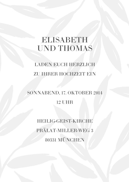 Online Hochzeitseinladungskarte mit dezenten hellgrauen Blättern im Hintergrund im Querformat.