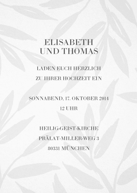 Hochzeitseinladungskarte mit grauen Blättern im Hintergrun in Hochkant.