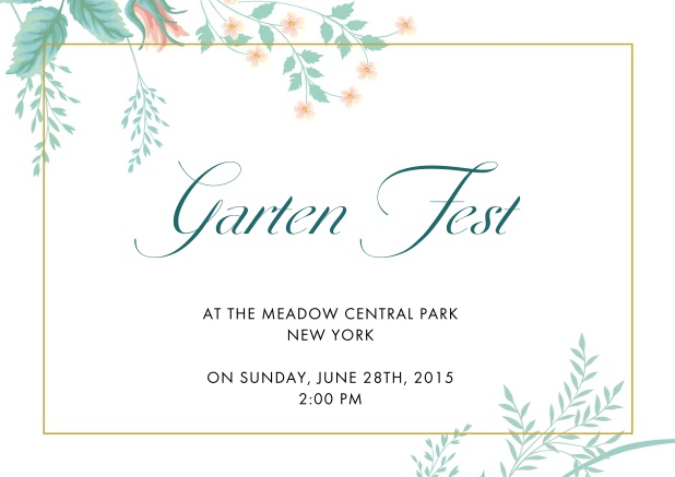 Online Einladungskarte zum Gartenfest mit Frühlingsblumen in den Ecken.
