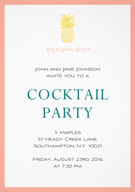 Summer cocktails invitation with pine apple and colorful frame. Pink.