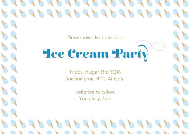 Online save the date card with ice cream frame. Blue.