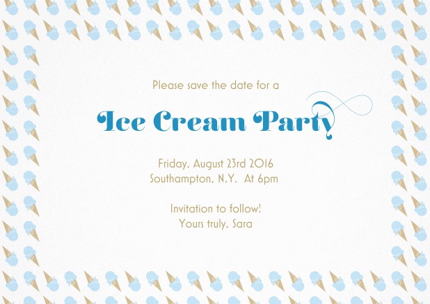 Save the date card with colorful ice cream frame. Blue.
