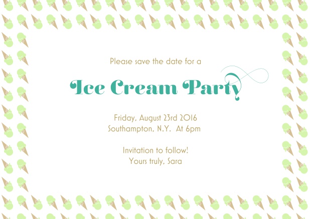 Online save the date card with ice cream frame. Green.