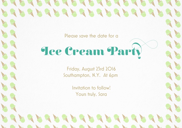 Save the date card with colorful ice cream frame. Green.