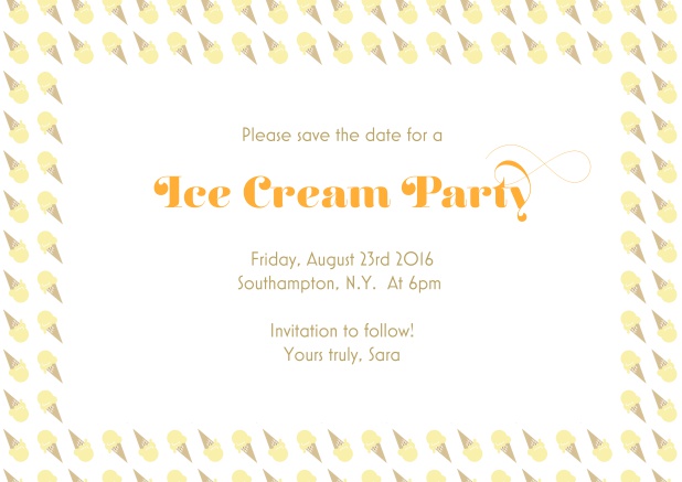 Online save the date card with ice cream frame. Yellow.