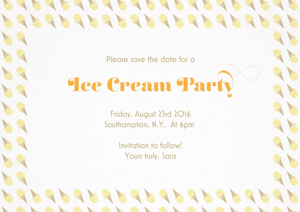 Save the date card with colorful ice cream frame. Yellow.