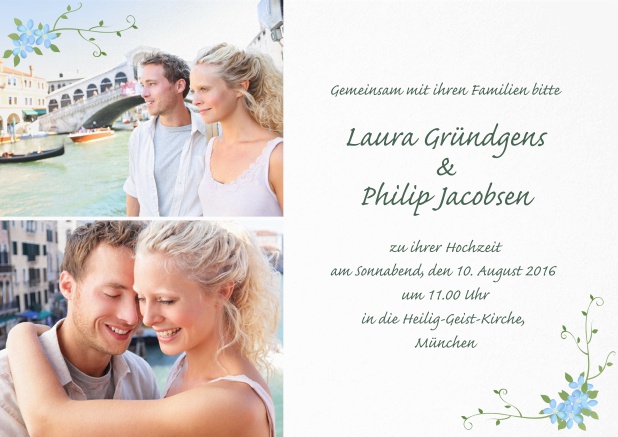 Hochzeitseinladungskarte mit zwei Fotos.