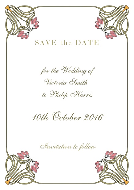 Online Wedding save the date with photo field on the back, art-nouveau deco and delicate text.