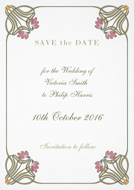 Wedding save the date with photo field on the back, art-nouveau deco and delicate text.