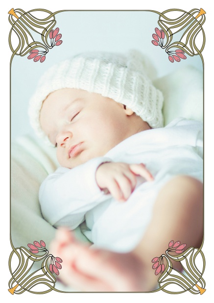 Online Geburtsanzeige mit integriertem Foto im Jugendstil Design mit Blumenrahmen.