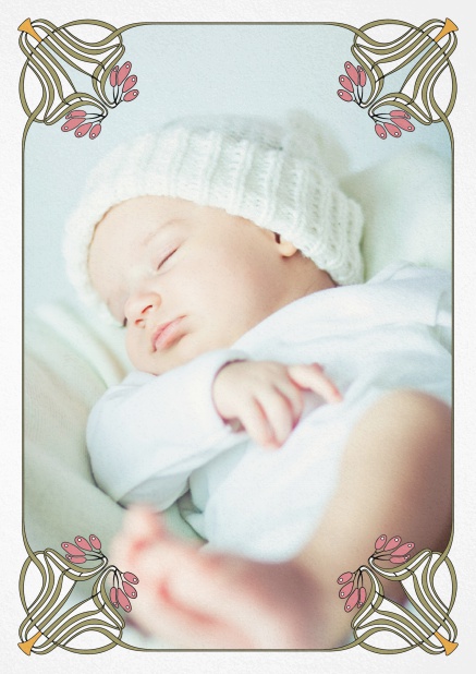Geburtsanzeige mit integriertem Foto im Jugendstil Design mit Blumenrahmen.