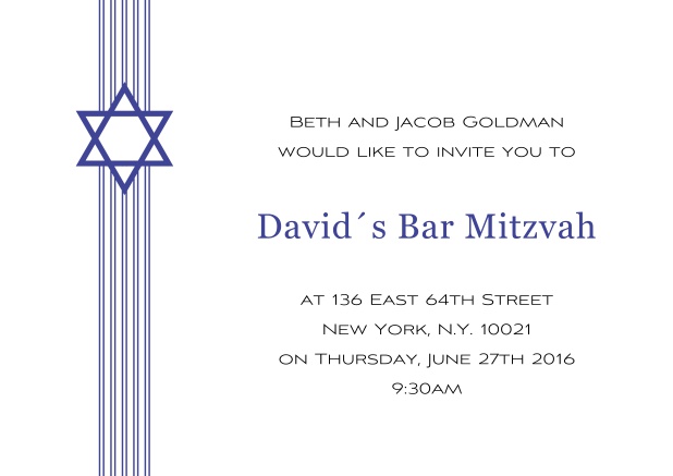 Online Weisse Bar oder Bat Mitzvah Einladungskarte mit Davidstern in auswählbaren Farben. Blau.