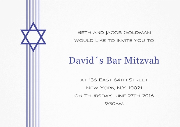 Weisse Bar oder Bat Mitzvah Einladungskarte mit Davidstern in auswählbaren Farben. Blau.