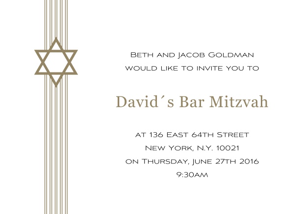 Online Weisse Bar oder Bat Mitzvah Einladungskarte mit Davidstern in auswählbaren Farben. Gold.