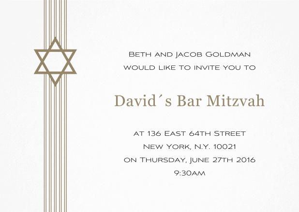 Weisse Bar oder Bat Mitzvah Einladungskarte mit Davidstern in auswählbaren Farben. Gold.
