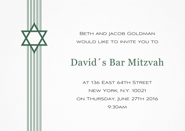 Weisse Bar oder Bat Mitzvah Einladungskarte mit Davidstern in auswählbaren Farben. Grün.