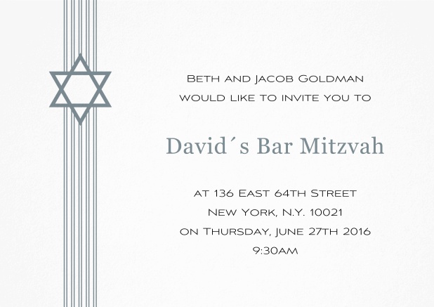 Weisse Bar oder Bat Mitzvah Einladungskarte mit Davidstern in auswählbaren Farben. Grau.