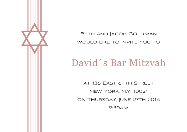 Online Weisse Bar oder Bat Mitzvah Einladungskarte mit Davidstern in auswählbaren Farben. Rosa.