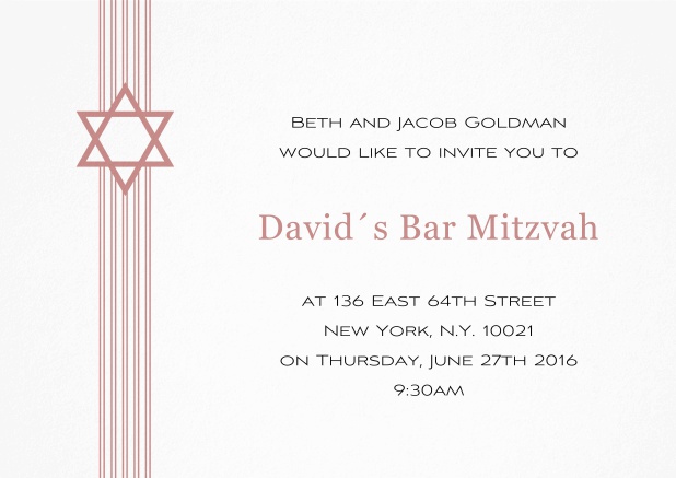 Weisse Bar oder Bat Mitzvah Einladungskarte mit Davidstern in auswählbaren Farben. Rosa.